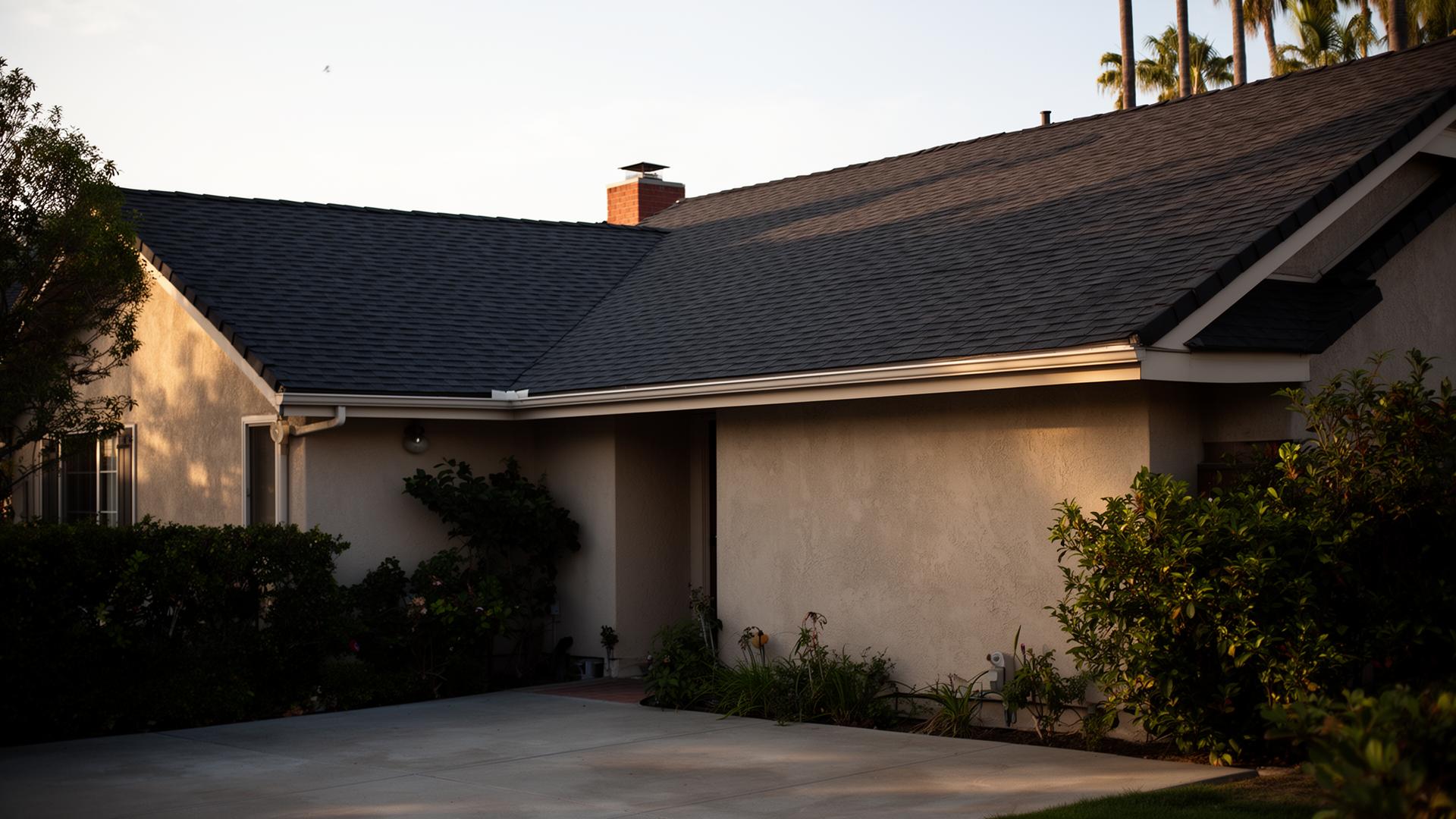 Completed asphalt shingle roof on a Los Angeles home at golden hour